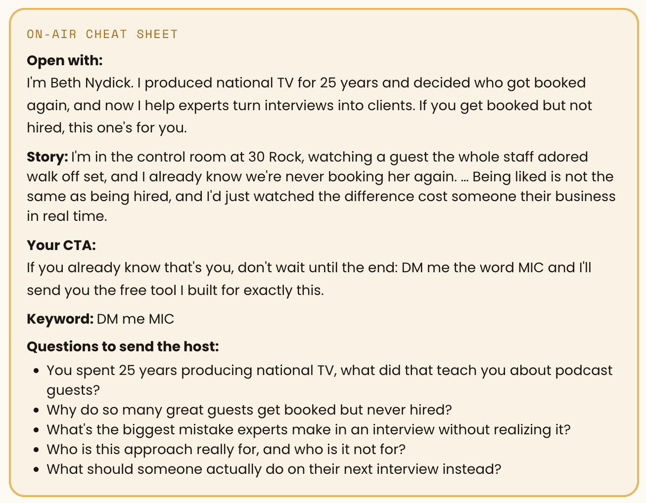 On-Air Cheat Sheet, your run of show